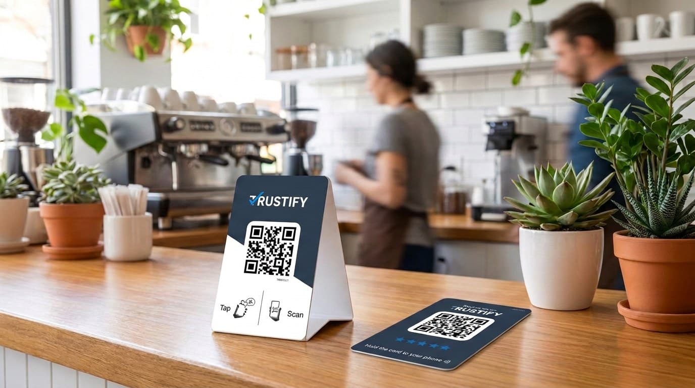 A Trustify NFC stand with QR code on a cafe counter.