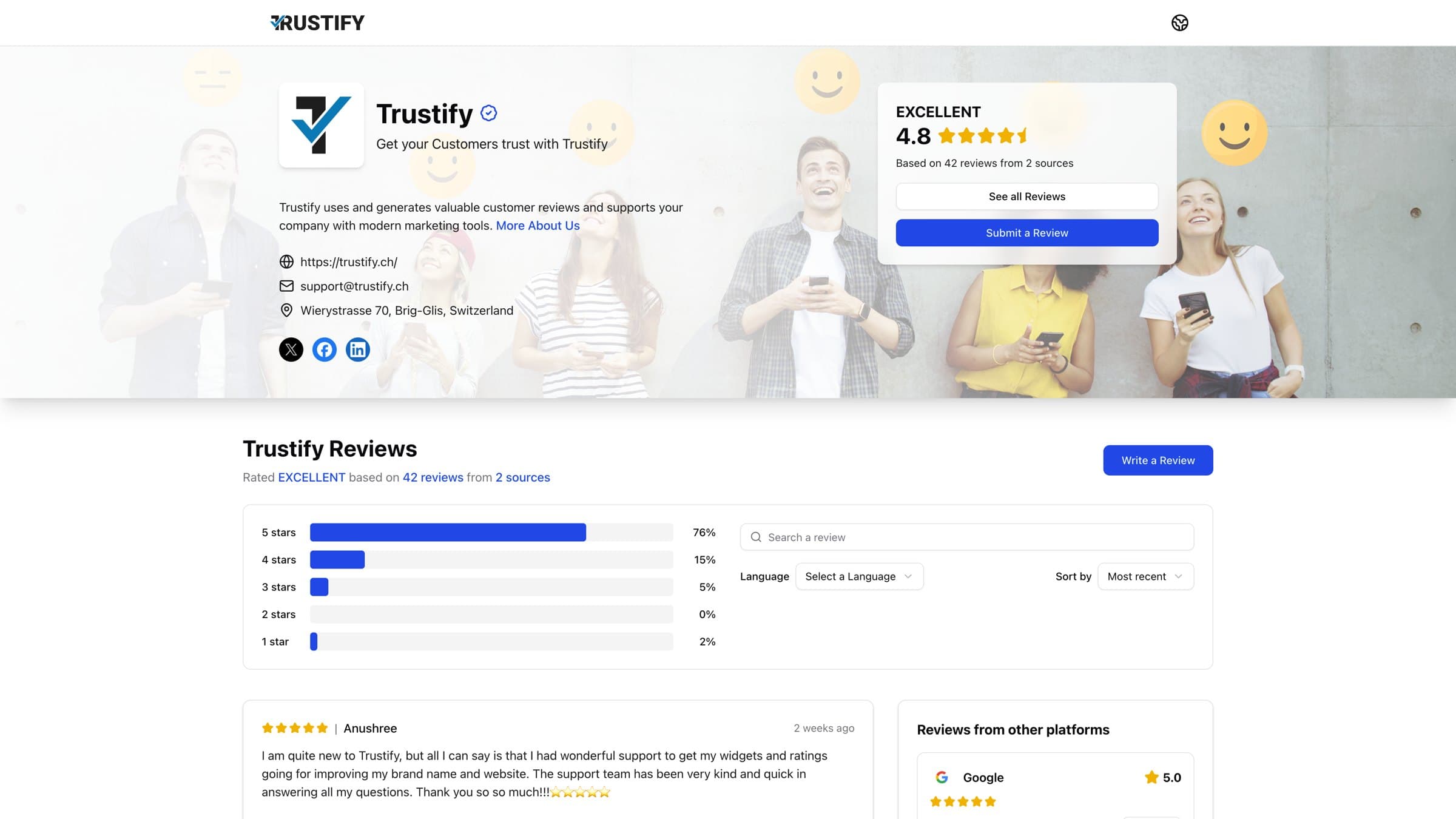 A public Trustify profile page with rating summary and customer reviews.