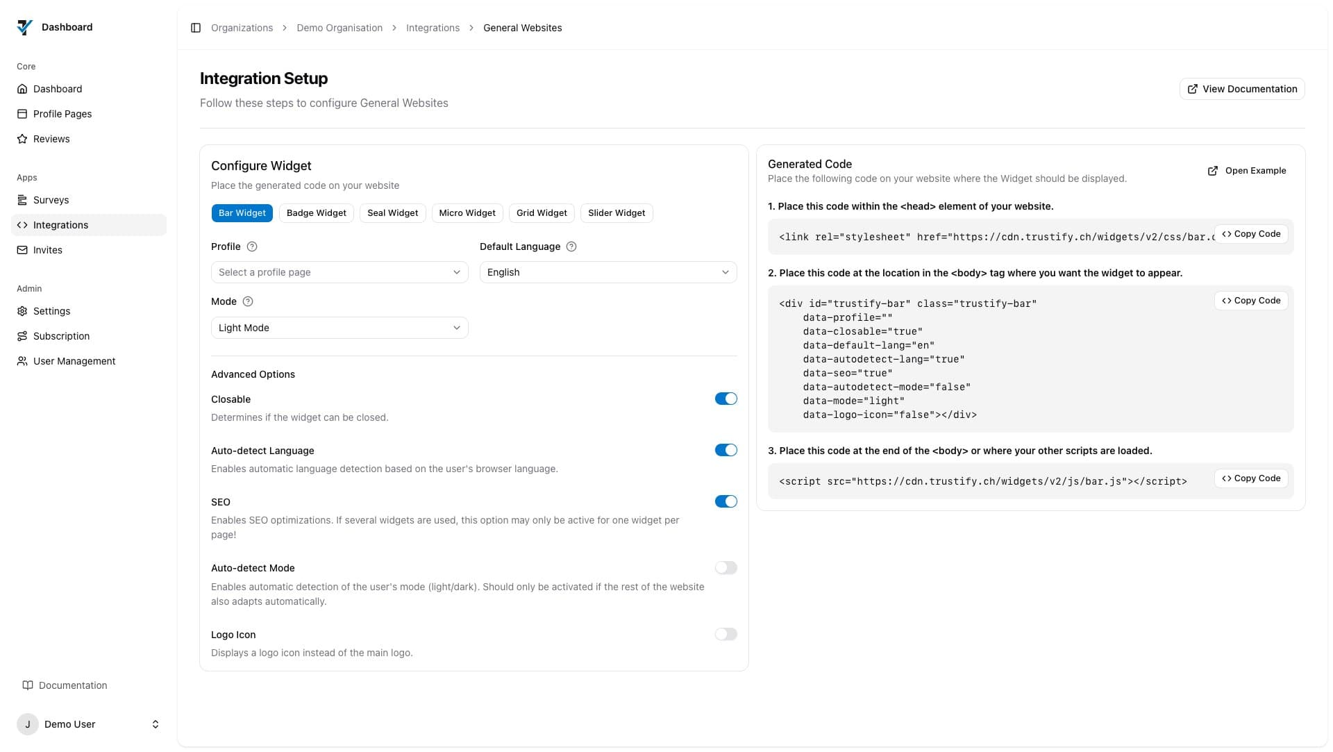 The Trustify widget configurator with embed code for a website.